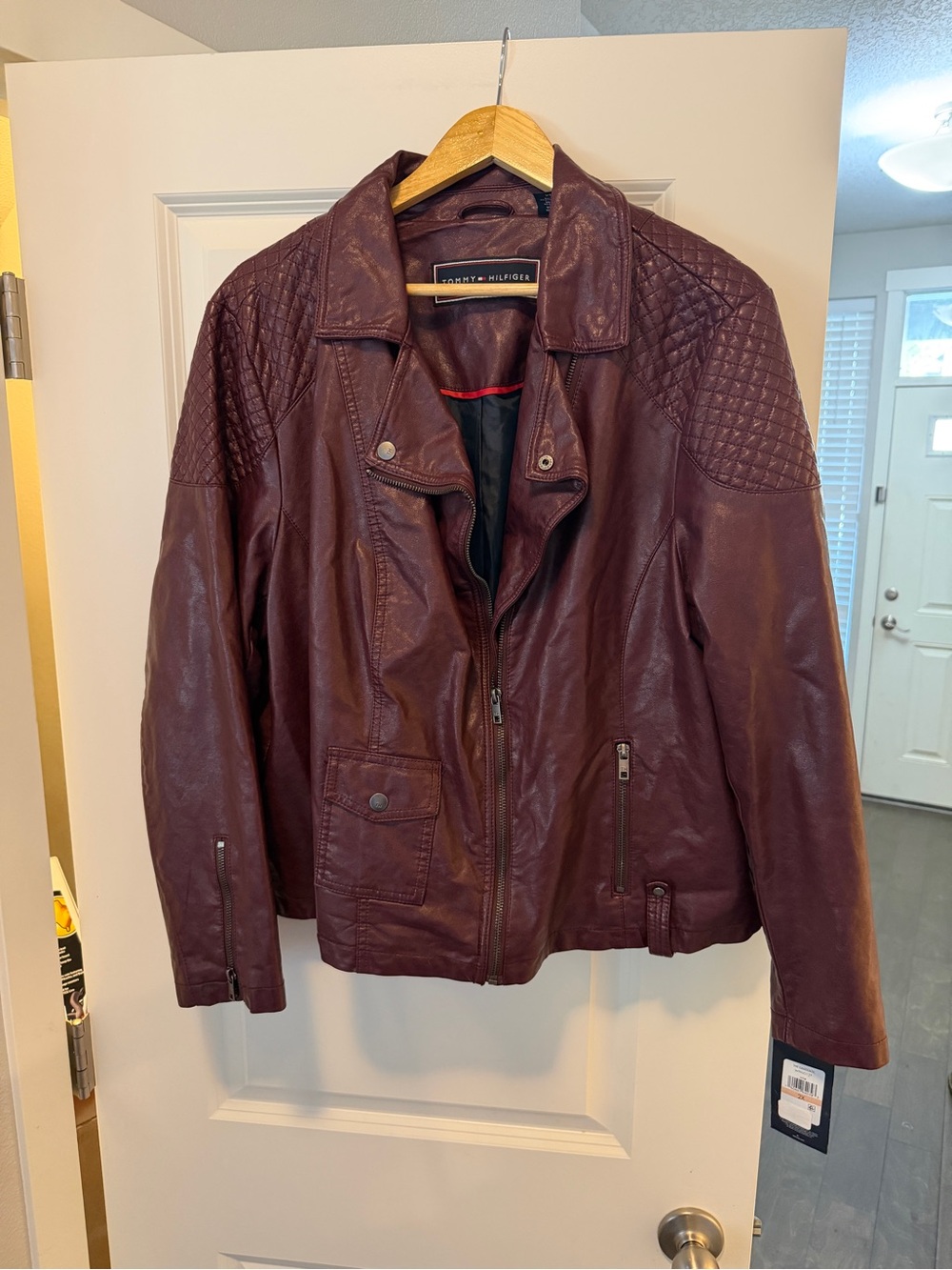 Tommy Hilfiger Women's Quilted Burgundy Leather Moto Jacket